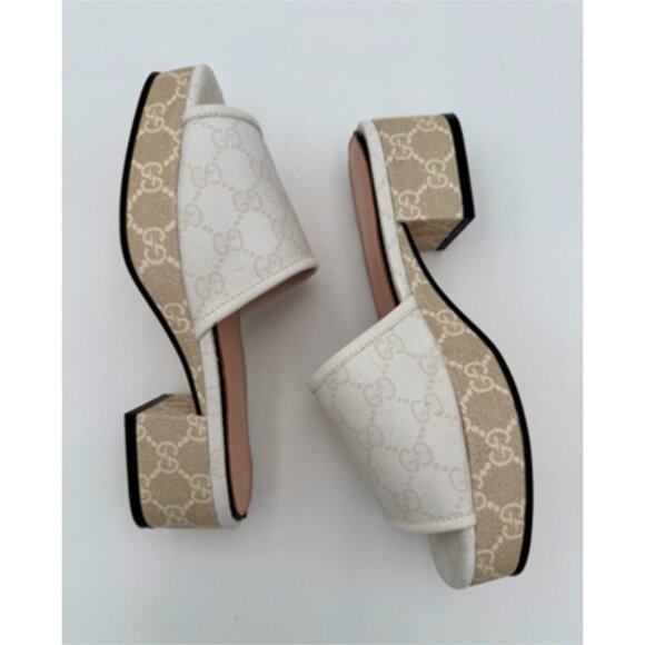 NIB-Gucci White GG Canvas Block Heel Slide Sandals - 37 - Picture 6 of 9